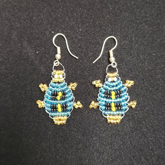 Handcrafted Beaded Blue and Gold Bug Earrings - Picture 2 of 5